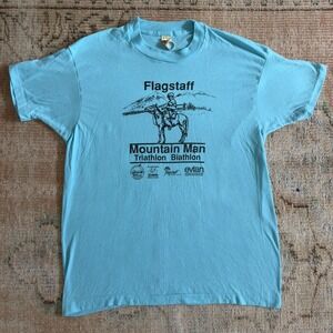 Vintage 80s Screen Stars Flagstaff Mountain Man Triathlon T-Shirt Blue XL
